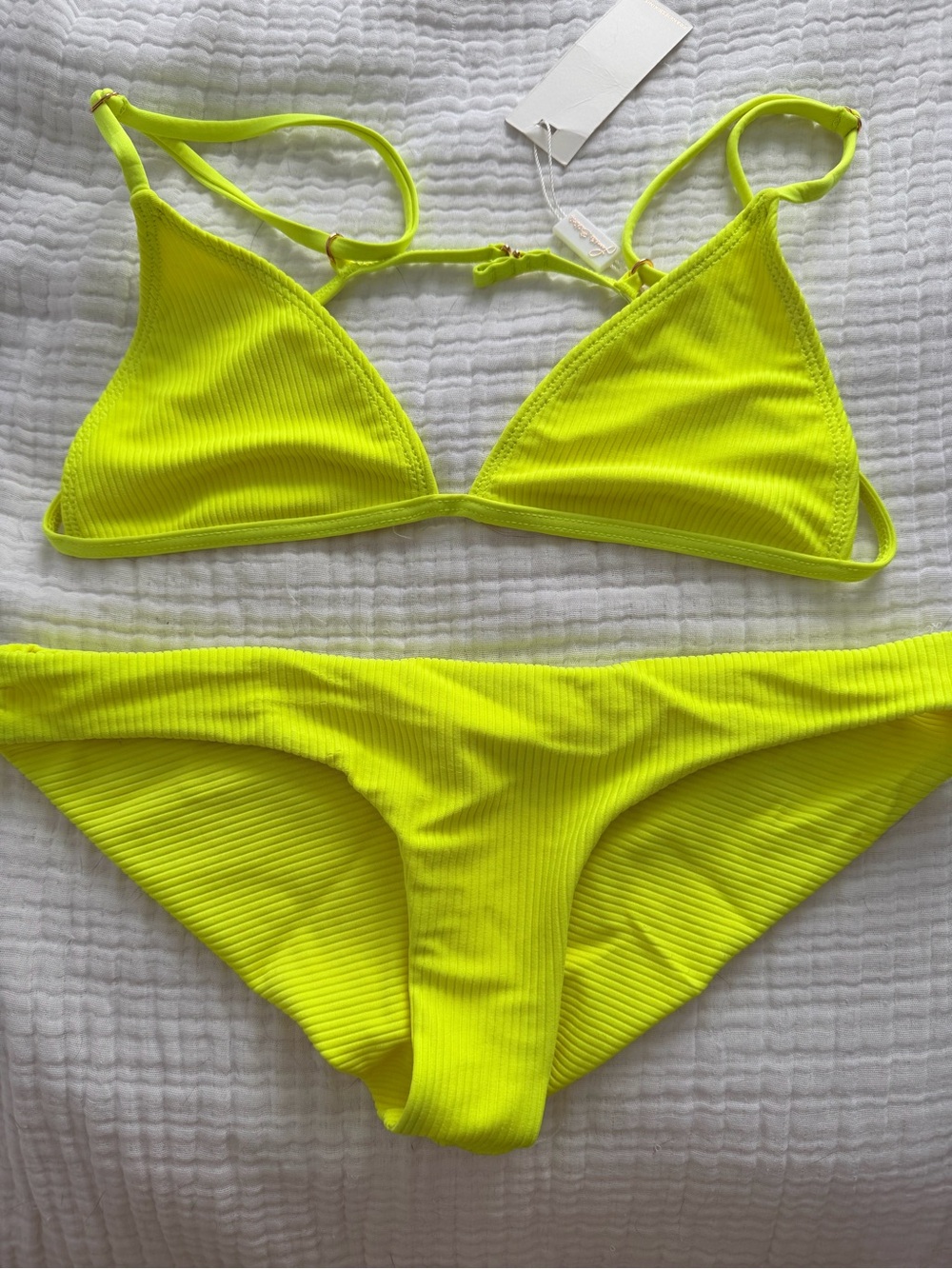 Frankies bikinis Neon Yellow Ribbed Triangle Bikini Set never worn with tags